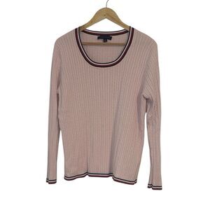 Tommy Hilfiger Pink Cable Knit Sweater with Striped Trim, Large